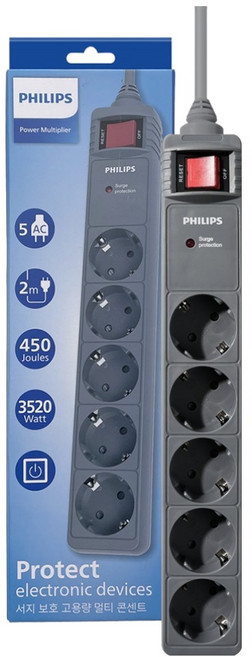 필립스 서지보호 프로 고용량 과부하차단 16A 250V 멀티탭 5구 CHP6252WA, 2m, 그레이, 1개