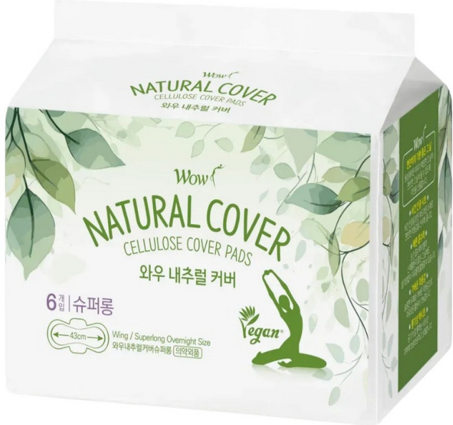 와우 내추럴 커버 생리대 날개형 슈퍼롱, 오버나이트 이상, 6개입, 1세트