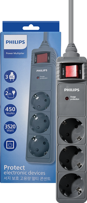 필립스 서지보호 프로 고용량 과부하차단 16A 250V 멀티탭 3구 CHP6232GA/61, 2m, 그레이, 1개