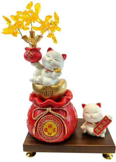 MODACore 摩達客 開運招財 精緻招財進寶聚寶盆八方來財招財貓金錢樹擺飾組, 紅色