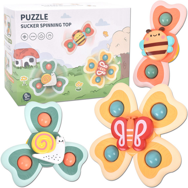 흡착 회전 딸랑이 스피닝팝 3종 세트, 꿀벌, 달팽이, 나비, 1세트
