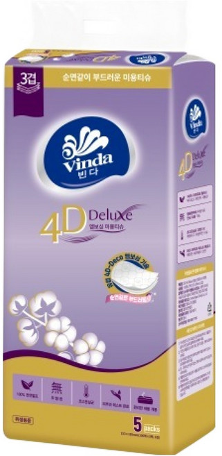 빈다 4D Deluxe 엠보싱 미용티슈 3겹, 100매, 5세트