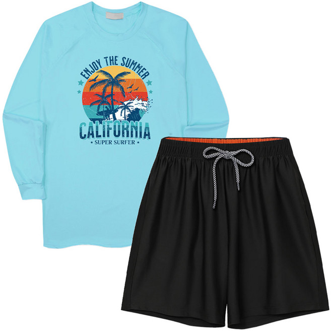 일루소 슈퍼서퍼 오버핏 긴팔 래쉬가드 + 4부 스판 비치 팬츠 세트, 민트 + 블랙