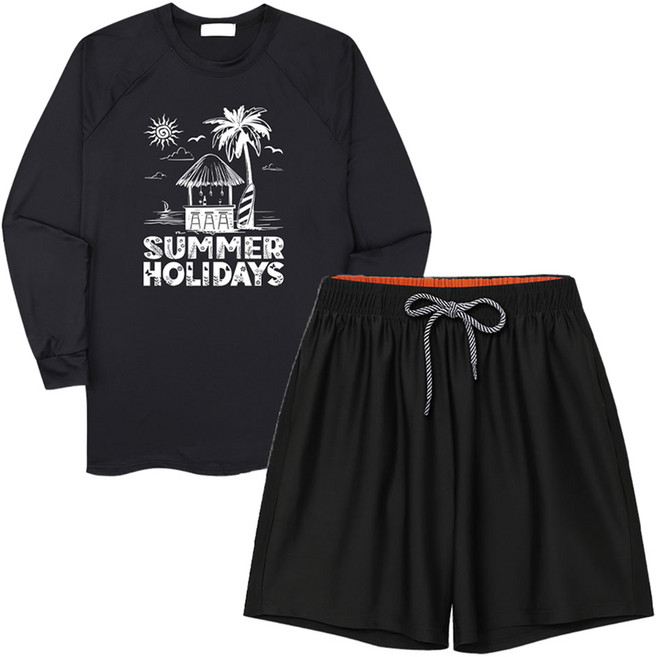 일루소 썸머홀리데이 오버핏 긴팔 래쉬가드 4부 스판 비치 팬츠 상하의 세트, 블랙 + 블랙