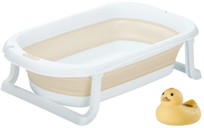 말랑하니 유아용 접이식 아기욕조 + 탕온계 세트, 아몬드밀크 + 버터옐로우