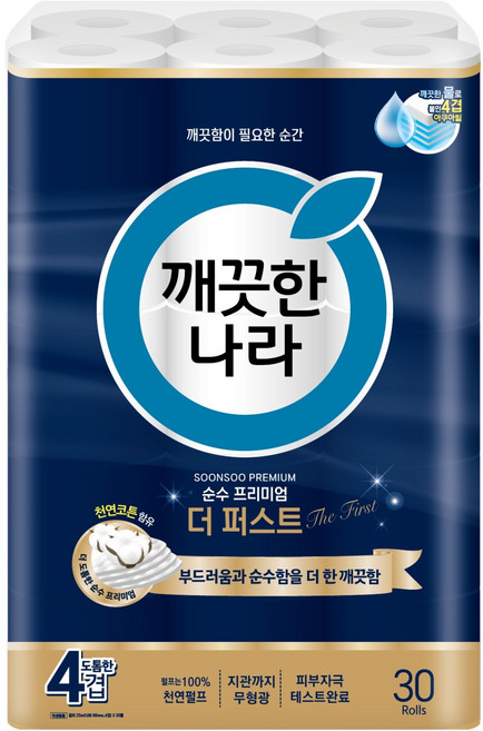 깨끗한나라 4겹 순수 프리미엄 더 퍼스트 천연펄프 화장지, 25m, 30롤, 1세트