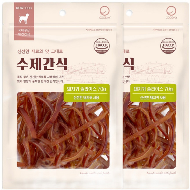 굿데이 강아지 수제간식, 돼지귀 슬라이스, 70g, 2개