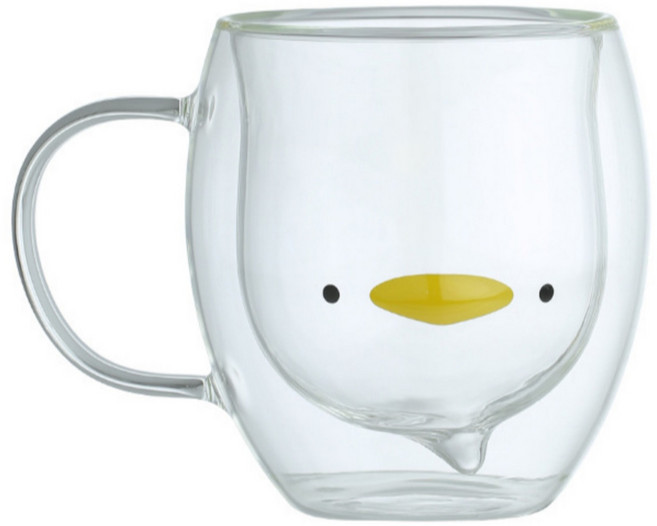 오꼬비 이중 캐릭터 유리 머그컵 250ml, 투명(오리), 1개