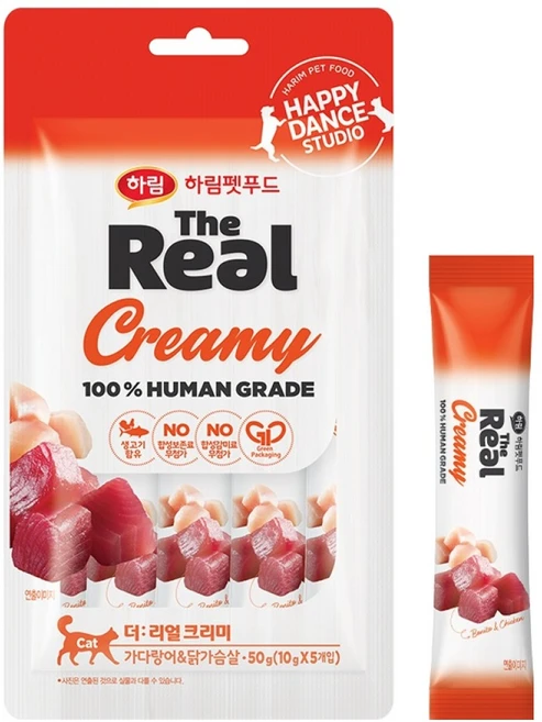 하림펫푸드 더리얼 고양이 크리미 짜먹는 간식 5p, 혼합맛(가다랑어/닭가슴살), 50g, 1개 - 쿠팡