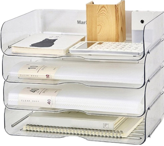 마켓플랜 서류정리 와이드 콤비 서랍형 수납함, 투명, 4단