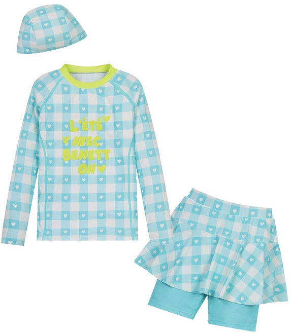 베네통키즈 여아용 하트체크 래쉬가드 상의 + 치렝스 + 수영모 세트 QCETQ1531