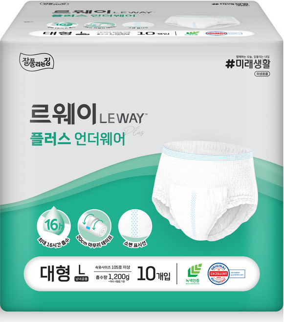 잘풀리는집 르웨이 남녀공용 플러스 언더웨어 성인기저귀, 대형, 10매입, 1세트