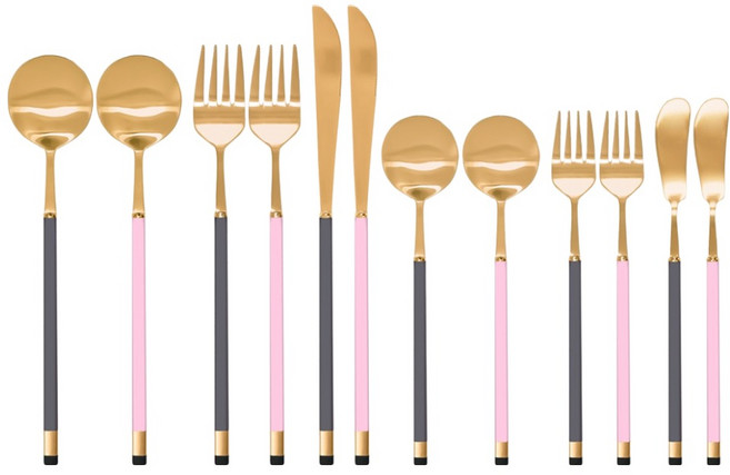 보겐 투톤 양식 커트러리 2인 풀세트, 골드 + 차콜, 골드 + 핑크, 1세트, 디너 스푼 2p + 디너 포크 2p + 디너 나이프 2p + 디저트 스푼 2p + 샐러드 포크 2p + 버터 나이프 2p
