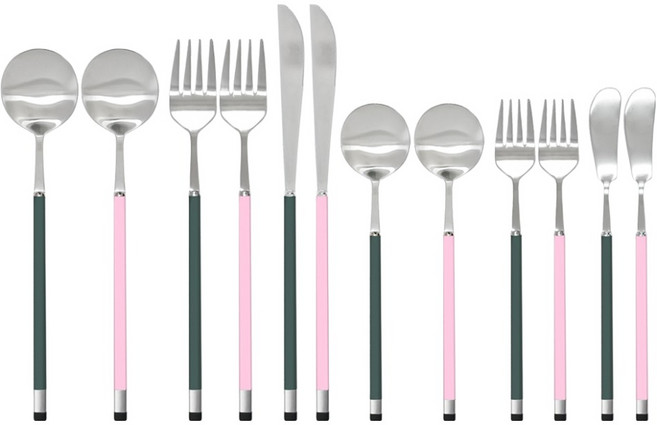 보겐 투톤 양식 커트러리 2인 풀세트, 실버 + 올리브, 실버 + 핑크, 1세트, 디너 스푼 2p + 디너 포크 2p + 디너 나이프 2p + 디저트 스푼 2p + 샐러드 포크 2p + 버터 나이프 2p