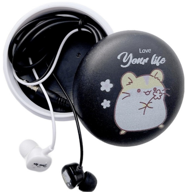 파이니스트랩 해피 햄스터 파우치 유선 이어폰, 블랙