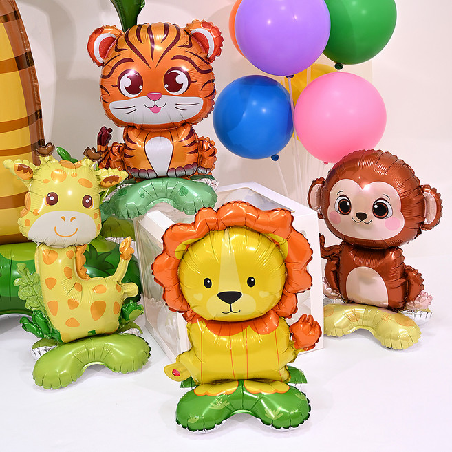 파티쇼 스탠드 동물 은박풍선 기린 + 호랑이 + 사자 + 원숭이 B 세트, 혼합색상, 1세트