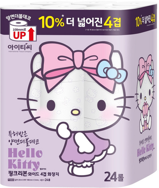 ITC 헬로키티 더 넓은 핑크리본 와이드 4겹 천연펄프 양면더블데코 화장지, 1개, 24롤, 20m