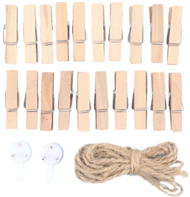 픽딜 예쁜 나무집게 원색 우드클립 S 20p + 로프 2m + 핀 2p 세트, 혼합색상, 1세트