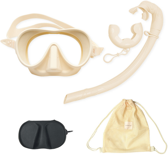 마더웍스 키즈 스노쿨링 롤업 고글 + 스노클 + 케이스 + 메쉬백팩 세트, 크림