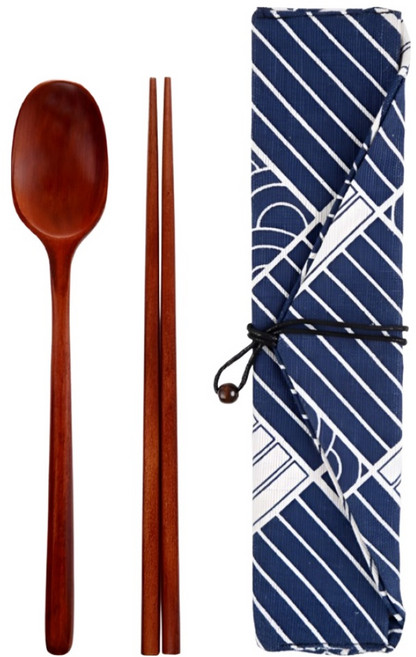 라움앤홈 옻칠 나무수저 주머니 세트, 원목(수저), 주머니(체크), 1세트, 숟가락 + 젓가락 + 주머니