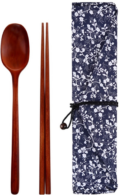 라움앤홈 옻칠 나무수저 주머니 세트, 원목(수저), 주머니(나팔꽃), 1세트, 숟가락 + 젓가락 + 주머니