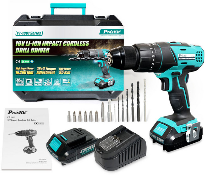 Pro'sKit 寶工 鋰電衝擊式電鑽組 18V PT-1801A, 1盒