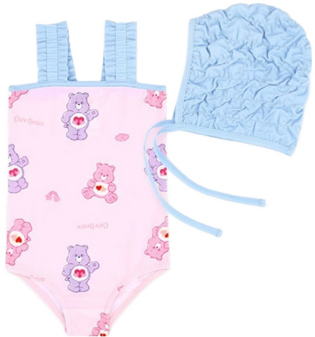 케어베어 여아용 러블리 케어 베어즈 원피스 스윔 수트 + 수영모 세트