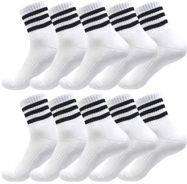 남성용 삼선 중목 이중바닥 쿠션 스포츠 양말 10켤레, 화이트, 10개