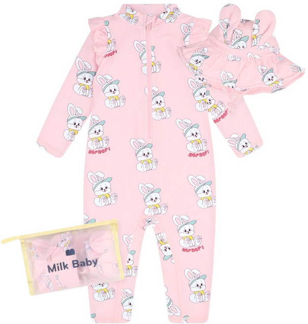 Milk Baby 女童嬰兒兔子泳衣 + 遮陽帽套組