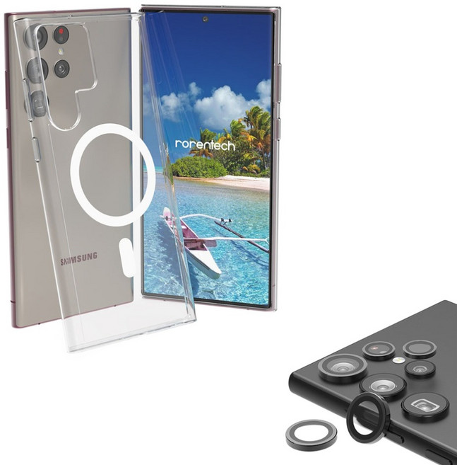 로랜텍 투명 맥세이프 휴대폰 케이스 + 프레임 카메라 보호 강화유리필름 세트