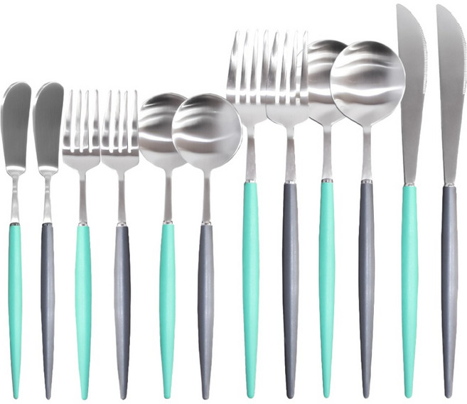 보겐 비쥬 2인 양식기 커트러리 풀 12종 세트, 샤틴 민트, 샤틴 차콜, 1세트, 디너스푼 2p + 디너포크 2p + 디너나이프 2p + 디저트스푼 2p + 디저트포크 2p + 버터나이프 2p
