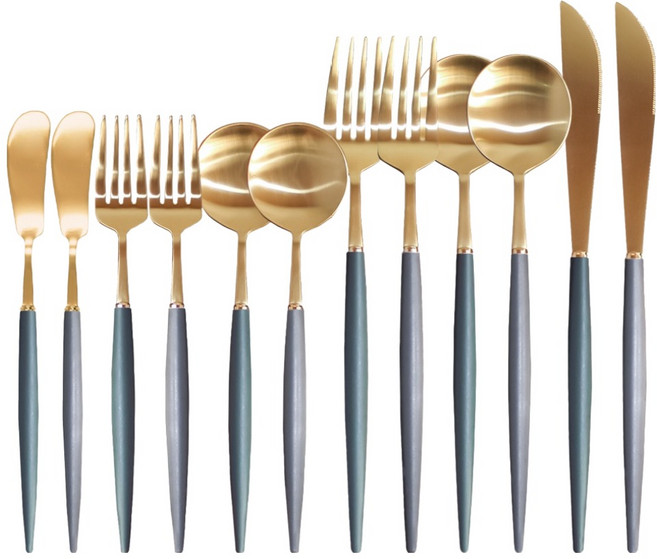 보겐 비쥬 2인 양식기 커트러리 풀 12종 세트, 골드 올리브, 골드 차콜, 1세트, 디너스푼 2p + 디너포크 2p + 디너나이프 2p + 디저트스푼 2p + 디저트포크 2p + 버터나이프 2p