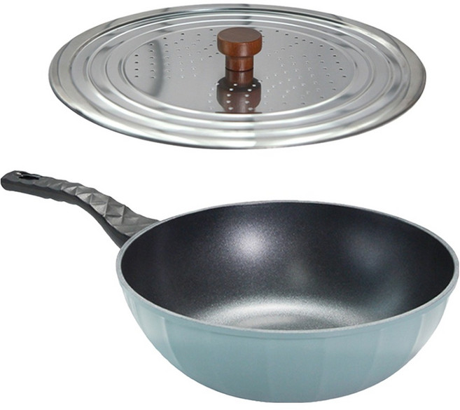셰프라인 이탈리안 IH 궁중팬 30cm + 우드핸들 스텐 프라이팬 타공 커버 26~32cm 세트 스카이블루, 1세트