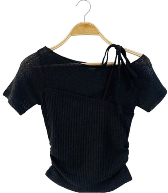 시크블랙 여성용 두루고 골지 레이어드 스트랩 오프숄더 옆셔링 슬림 반팔 니트 cpnt5919k54