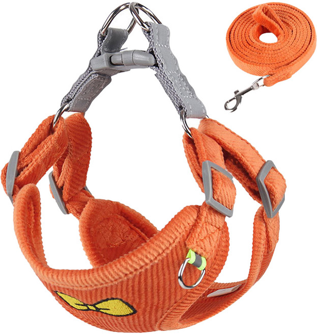 딩동펫 반려동물 벨벳 리본 하네스 + 리드줄 세트, 오렌지, 1세트