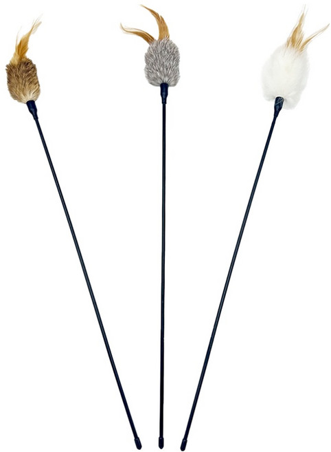 둥둥펫 고양이 길다란 깃털 오뎅꼬치 낚시대 장난감 3종 세트, 화이트, 그레이, 브라운, 1세트
