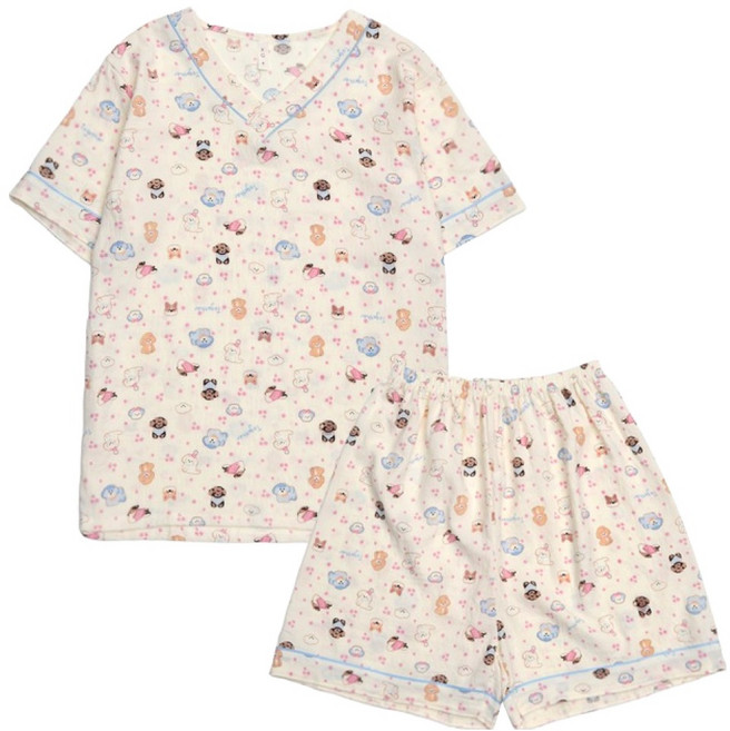 바이로쏘 여성용 브이넥 귀여운 반팔티 + 밴딩 반바지 홈웨어 세트 BRS233