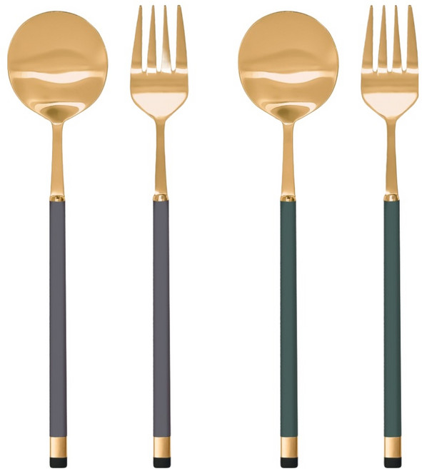 보겐 투톤 커트러리 2인 디저트 스푼 포크 세트, 헤드(골드), 손잡이(차콜, 올리브), 1세트, 디저트스푼 2p + 샐러드포크 2p