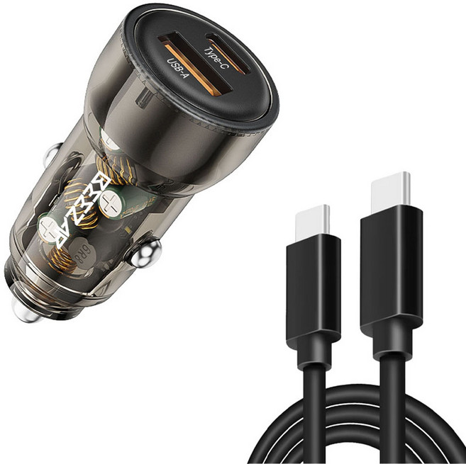 비잽 PD3.0 PPS 2포트 QC4.0 시거잭 2구 차량용 초고속 충전기 48W + 케이블 세트, BZD48W, 투명