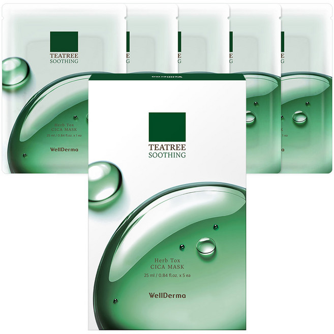 WellDerma 茶樹舒緩草本積雪草鎮靜保濕日常面膜, 1個, 5入