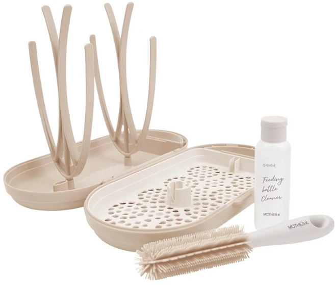 마더케이 휴대용 젖병 건조대 세트, 건조대 본체 + 젖병거치대 + 물빠짐받침대 + 미니 젖병솔 + 세제 리필 용기, 크림 - 쿠팡