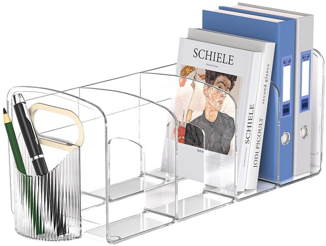 리빙필로 4단 아크릴 손잡이 책꽂이 펜홀더 포함, 투명