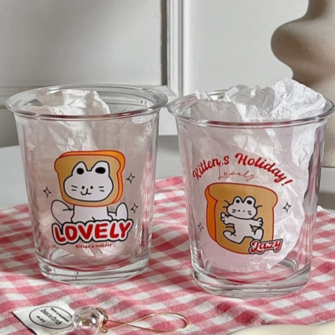 다파랑 식빵냥 일러스트 레트로 유리잔 300ml x 2종 세트 HJ0147, 믹스, 1세트