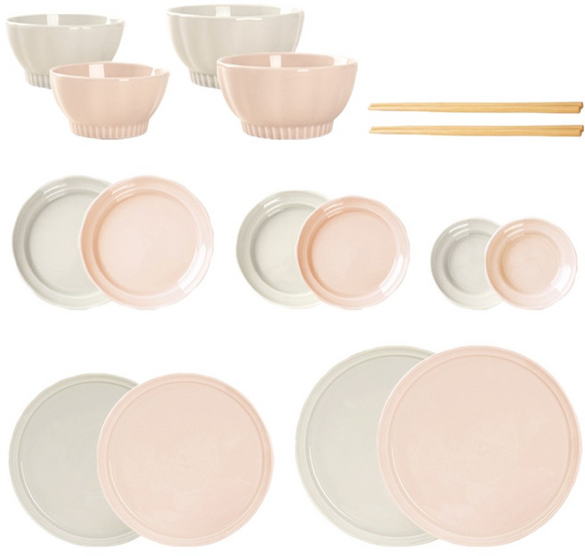 해피정 코리아 실바 2인 식기세트 16p, 핑크베이지 + 민트그레이, 1세트, 8종