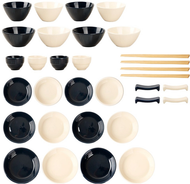 해피정 코리아 바네 4인 식기 + 술잔 세트 32p, 딥네이비 + 크림바닐라, 1세트, 8종