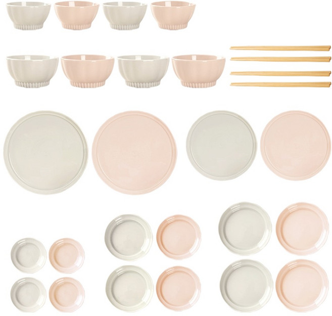 해피정 코리아 실바 4인 식기세트 28p, 핑크베이지 + 민트그레이, 1세트, 8종