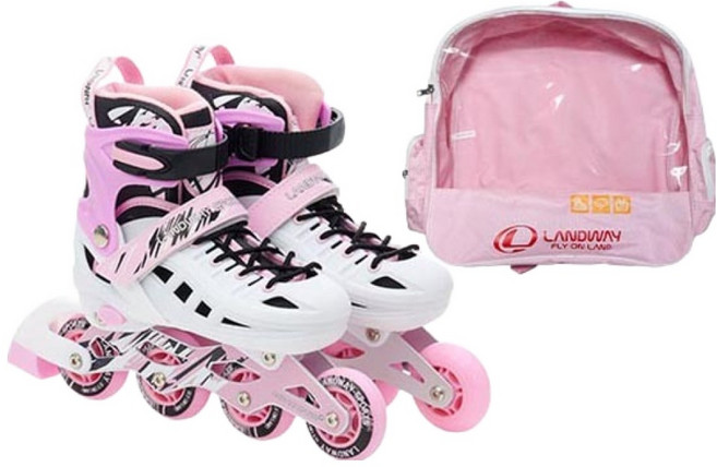 LANDWAY 兒童動感直排輪 + 收納袋組合, 粉紅色, 1套