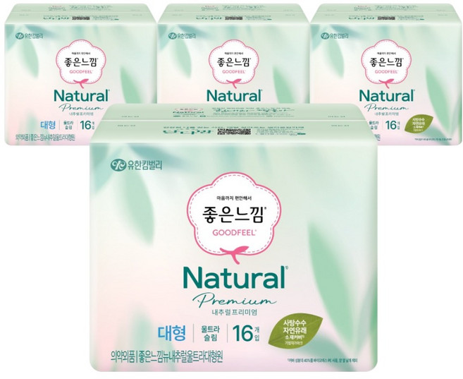 좋은느낌 내추럴 프리미엄 울트라슬림 생리대 날개형, 대형, 16개입, 4개