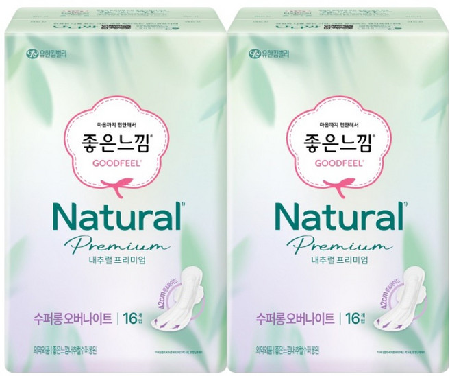 좋은느낌 내추럴 프리미엄 울트라슬림 생리대 날개형, 오버나이트 이상, 16개입, 2개