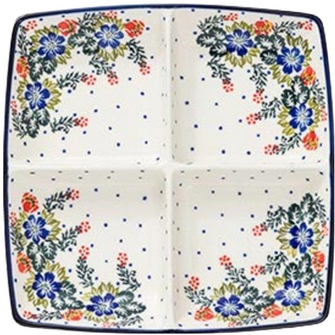 프라카 폴란드풍 도자기 사각 4절 나눔접시, 플라워링, 1개